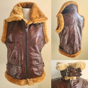 SOLD Vintage 1970s GENUINE Sheepskin Leather Cognac Brown Aviator Faux Fur Vest
